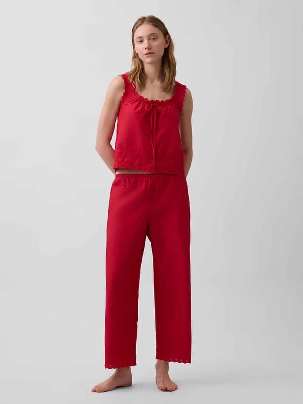NWT Gap Red Embroidered PJ Pants / Pull-On Pants in Cotton Poplin / Size Medium